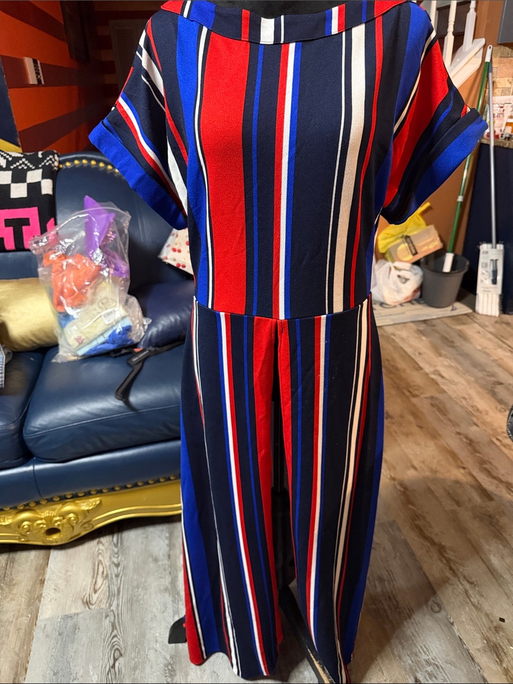 NY&Co Striped Blue & Red Women's Open Split Duster